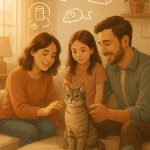 Happy family managing common cat behavior problems in a comfortable home setting.