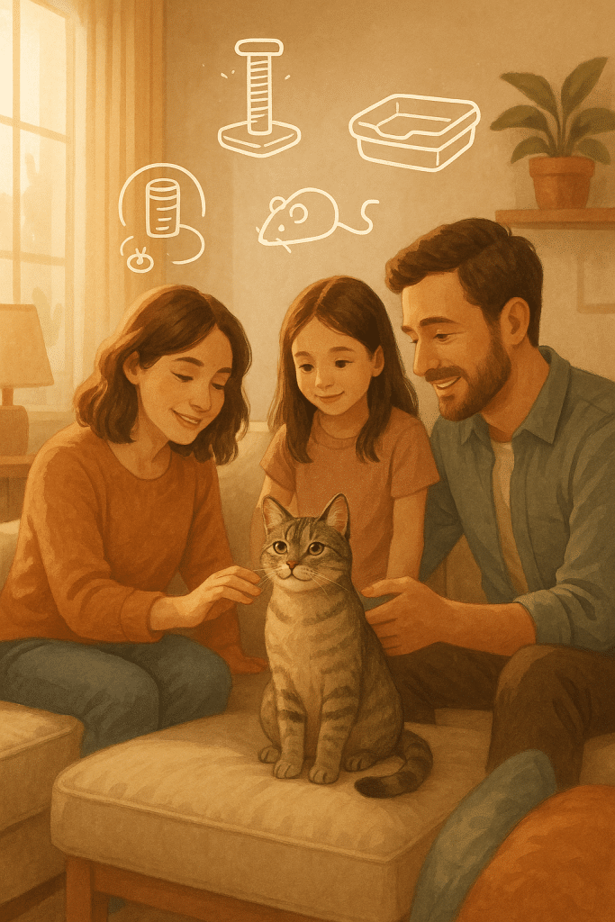 Happy family managing common cat behavior problems in a comfortable home setting.