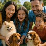 Happy family playing with small dog breeds outdoors representing family-friendly pets and training.