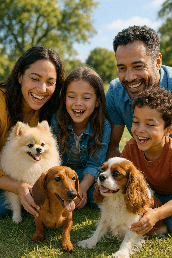 Happy family playing with small dog breeds outdoors representing family-friendly pets and training.