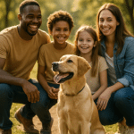 Happy family training obedient dog outdoors symbolizing successful dog obedience training
