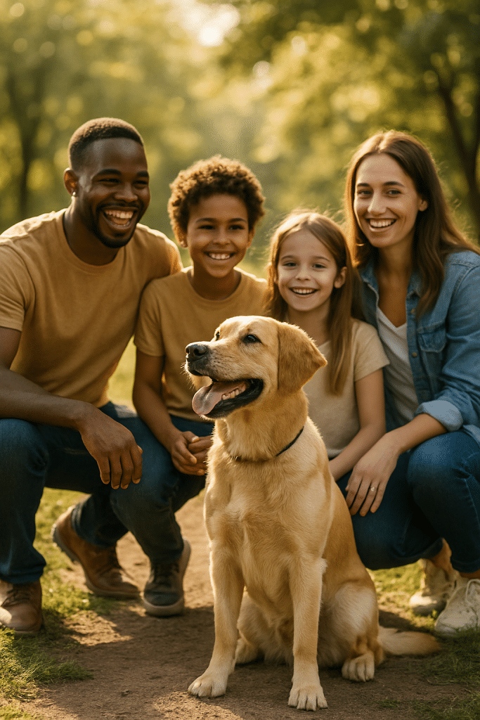 Happy family training obedient dog outdoors symbolizing successful dog obedience training