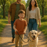 Happy family walking a calm dog on leash representing leash training a dog success.