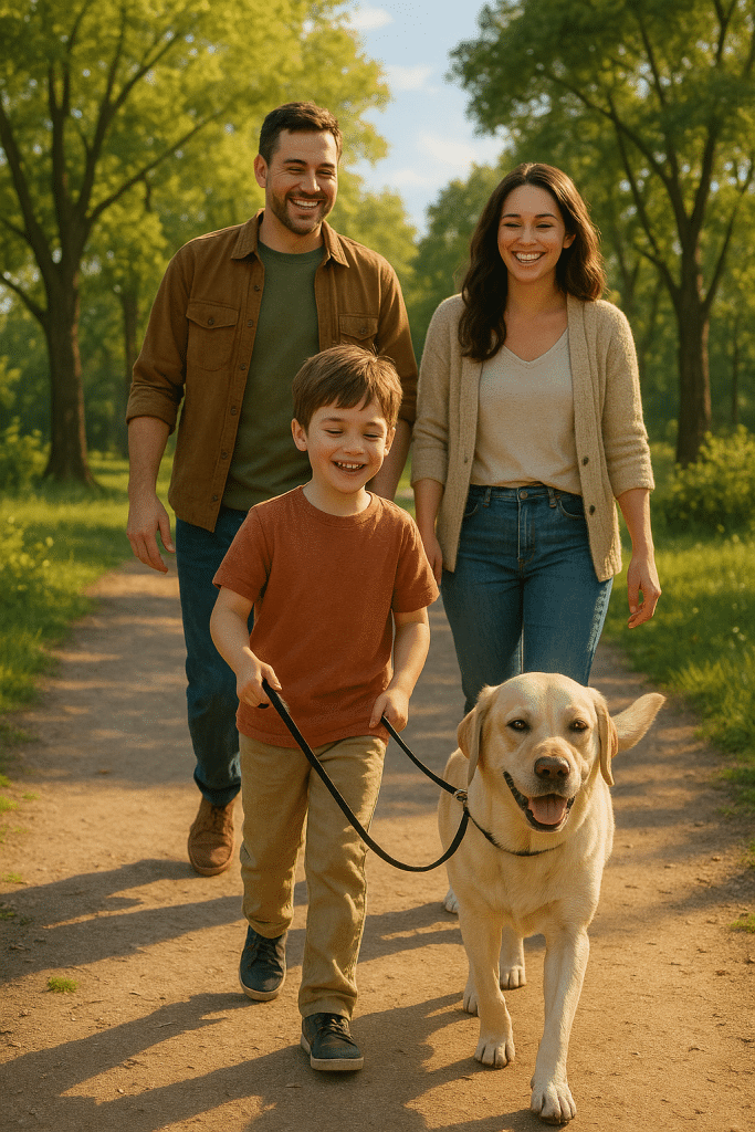 Happy family walking a calm dog on leash representing leash training a dog success.