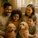 Happy family with hypoallergenic dogs in a cozy home, symbolizing allergy-friendly pets and family bonding