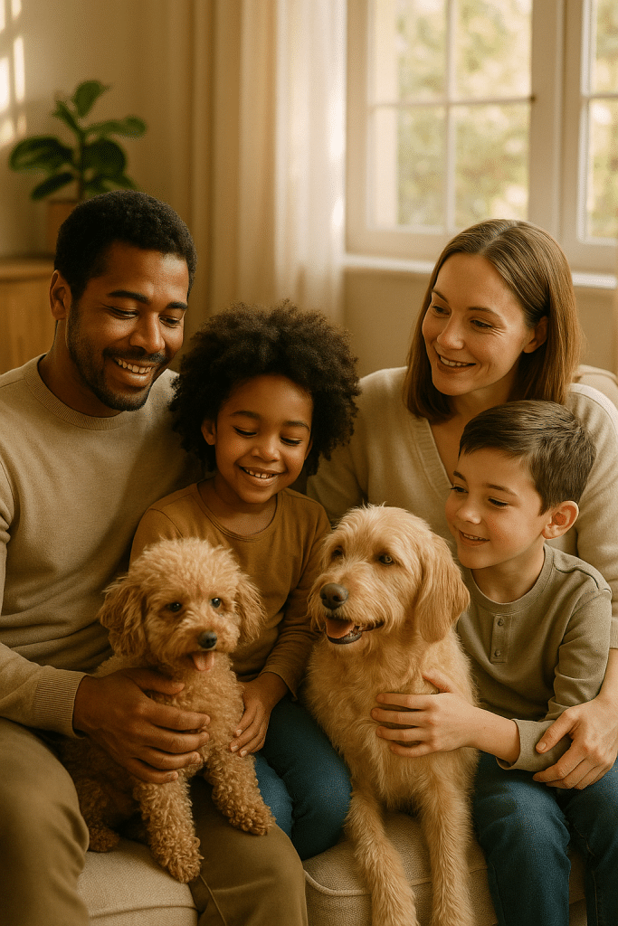 Happy family with hypoallergenic dogs in a cozy home, symbolizing allergy-friendly pets and family bonding