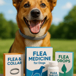 Happy healthy dog protected by best flea medicine for dogs outdoors in natural bright setting