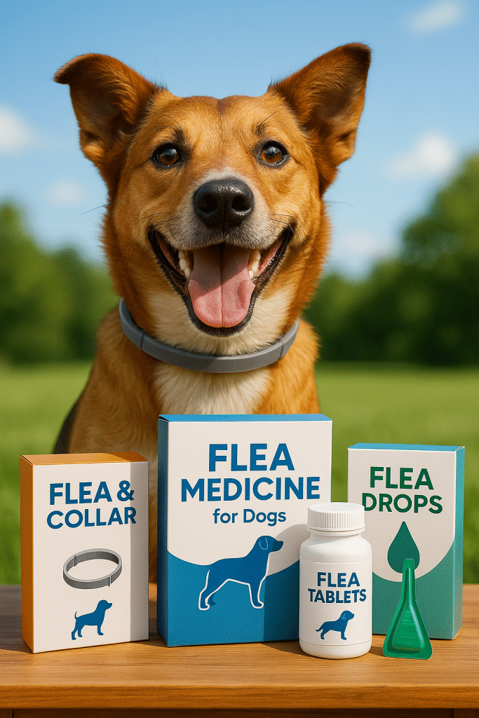 Happy healthy dog protected by best flea medicine for dogs outdoors in natural bright setting