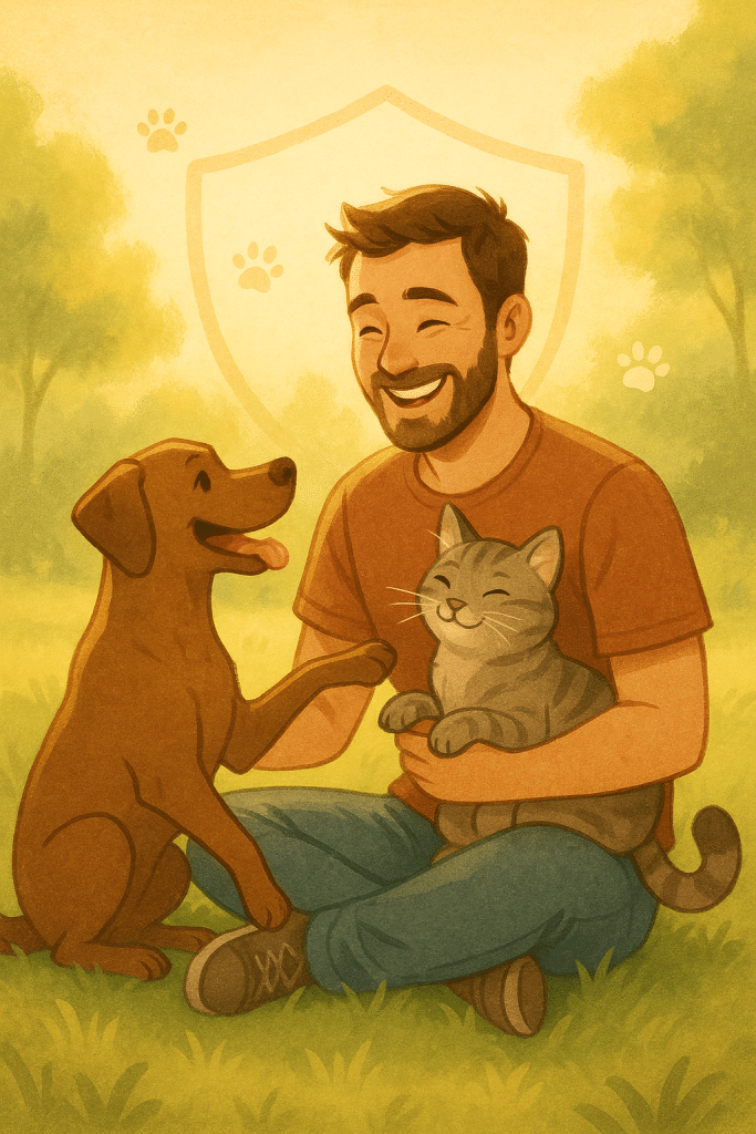 Happy pet owner with dog and cat symbolizing affordable pet insurance and pet care security