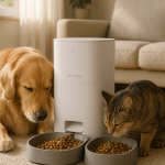 Happy pets eating from automatic pet feeders in a modern home environment
