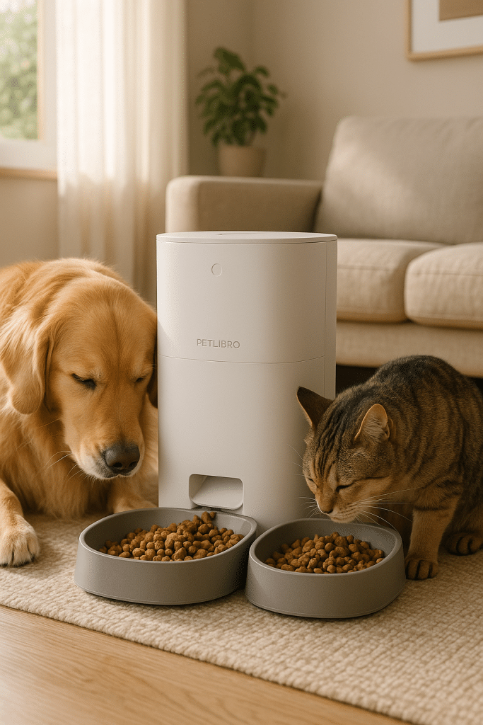 Happy pets eating from automatic pet feeders in a modern home environment