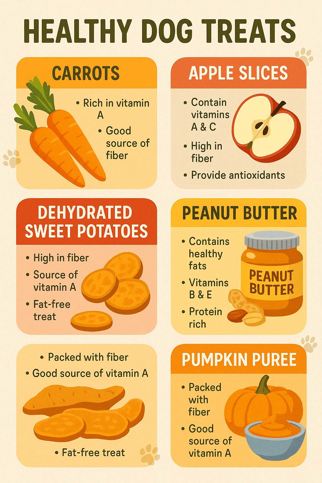 Healthy dog treats infographic showing natural options and their nutritional benefits for pets