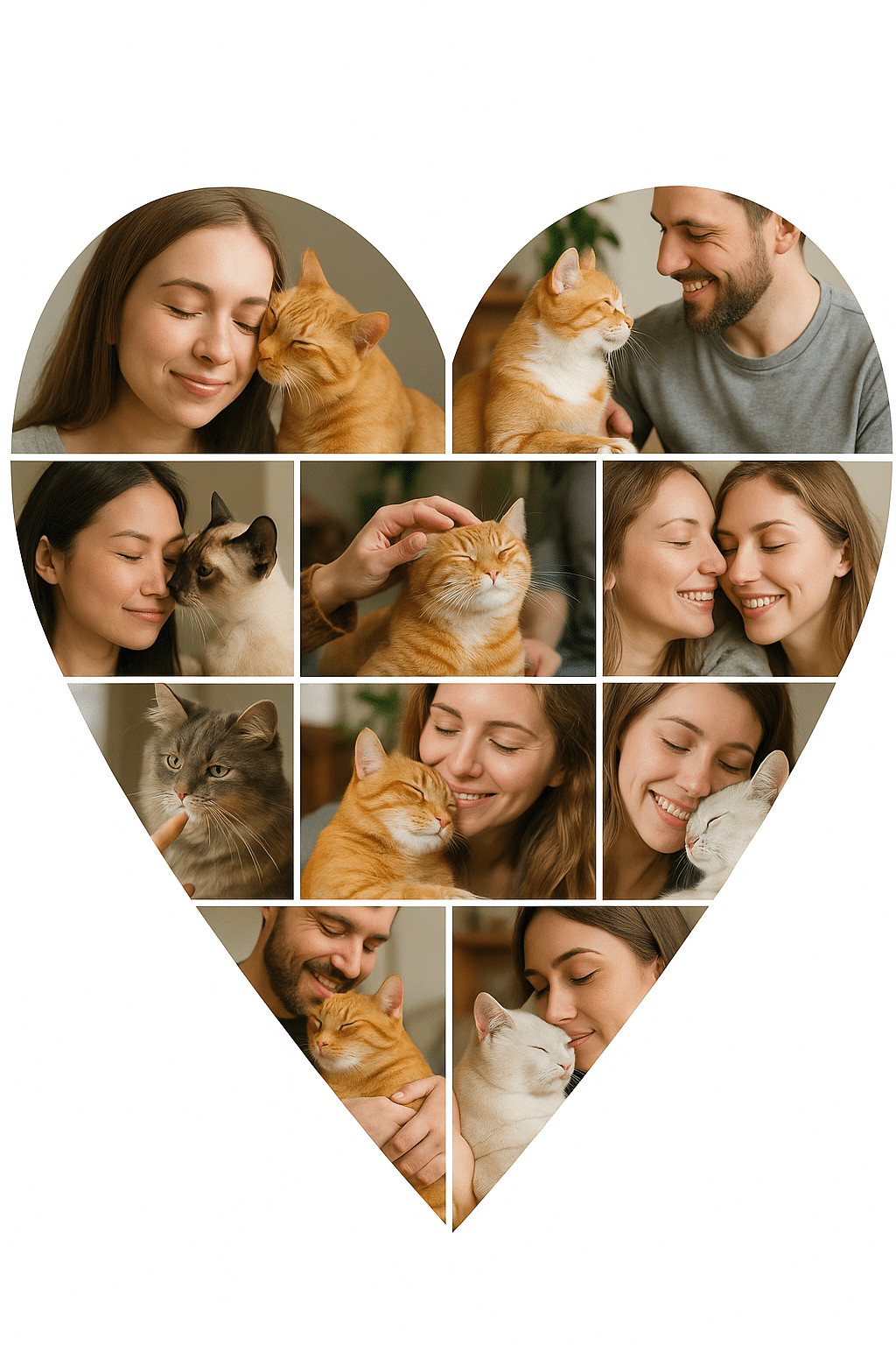Heart collage of affectionate cat breeds bonding with families and pet owners