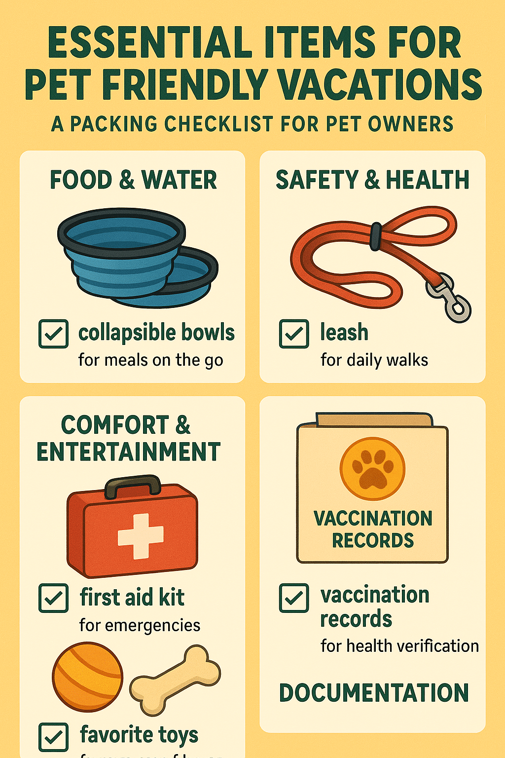 Illustrated checklist of essential items to pack for successful pet friendly vacations