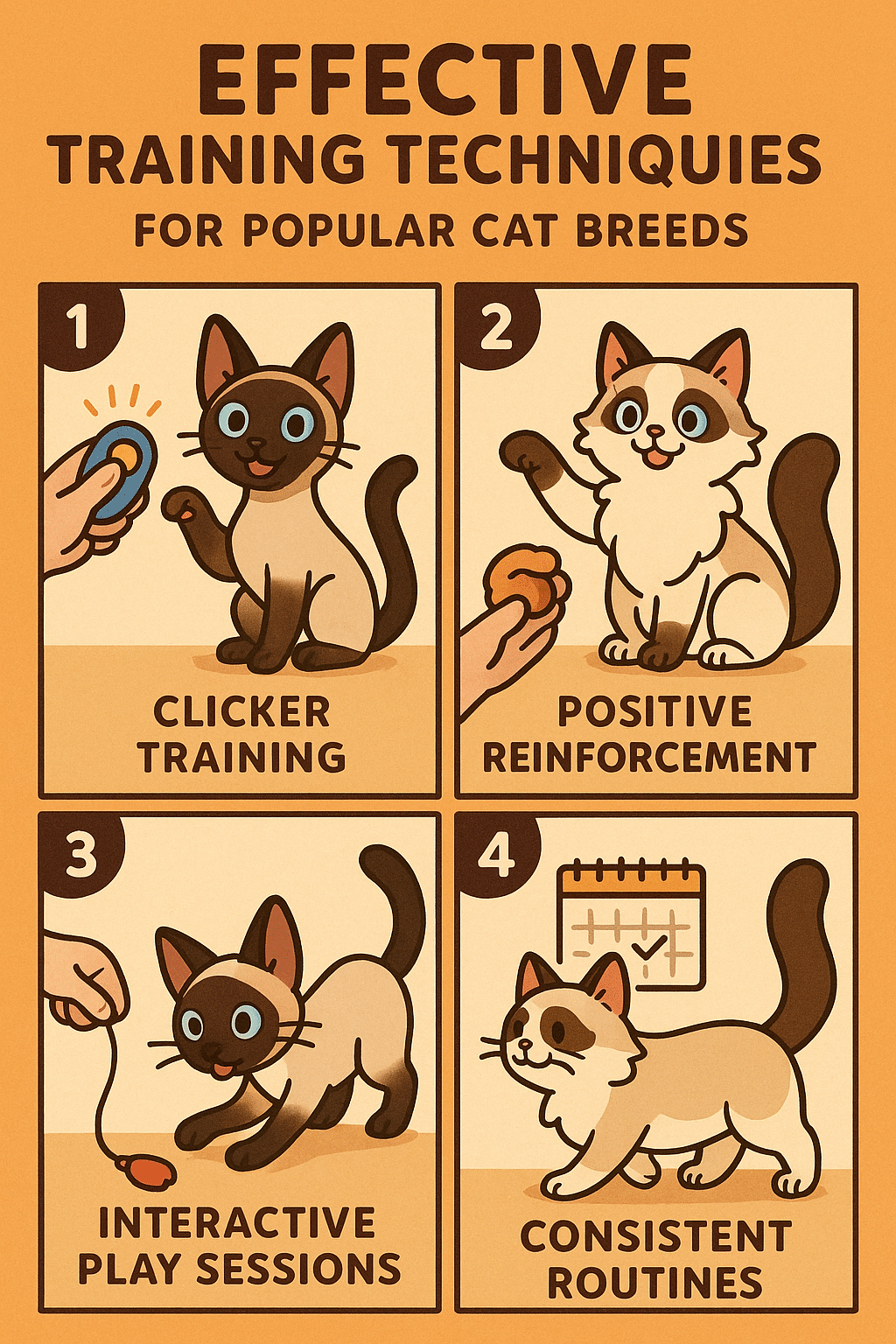 Illustrated guide demonstrating training techniques for popular cat breeds like Siamese and Ragdoll