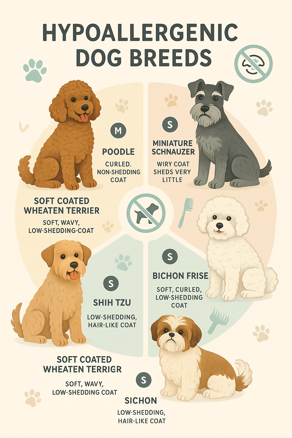Illustrated infographic of five hypoallergenic dogs showing breeds and allergy friendly traits for