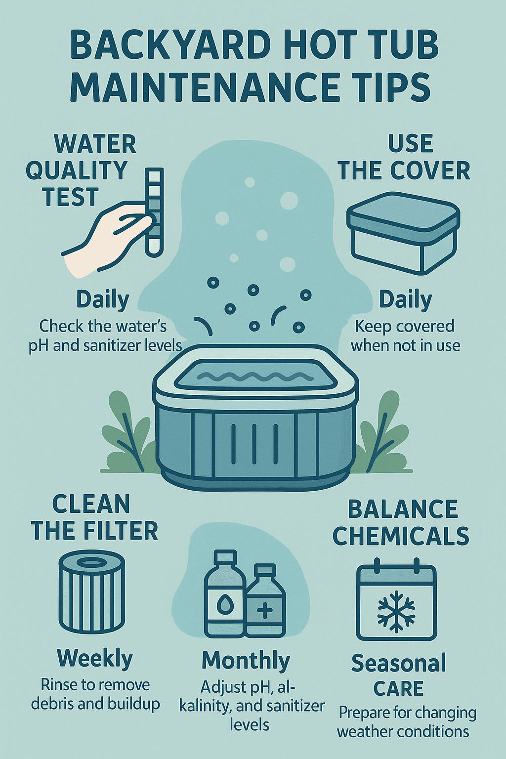 Illustrated infographic showing practical maintenance tips for backyard hot tub ideas