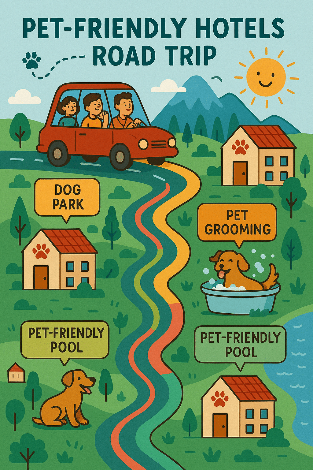 Illustrated road trip map highlighting various pet friendly hotels with pet amenities for families