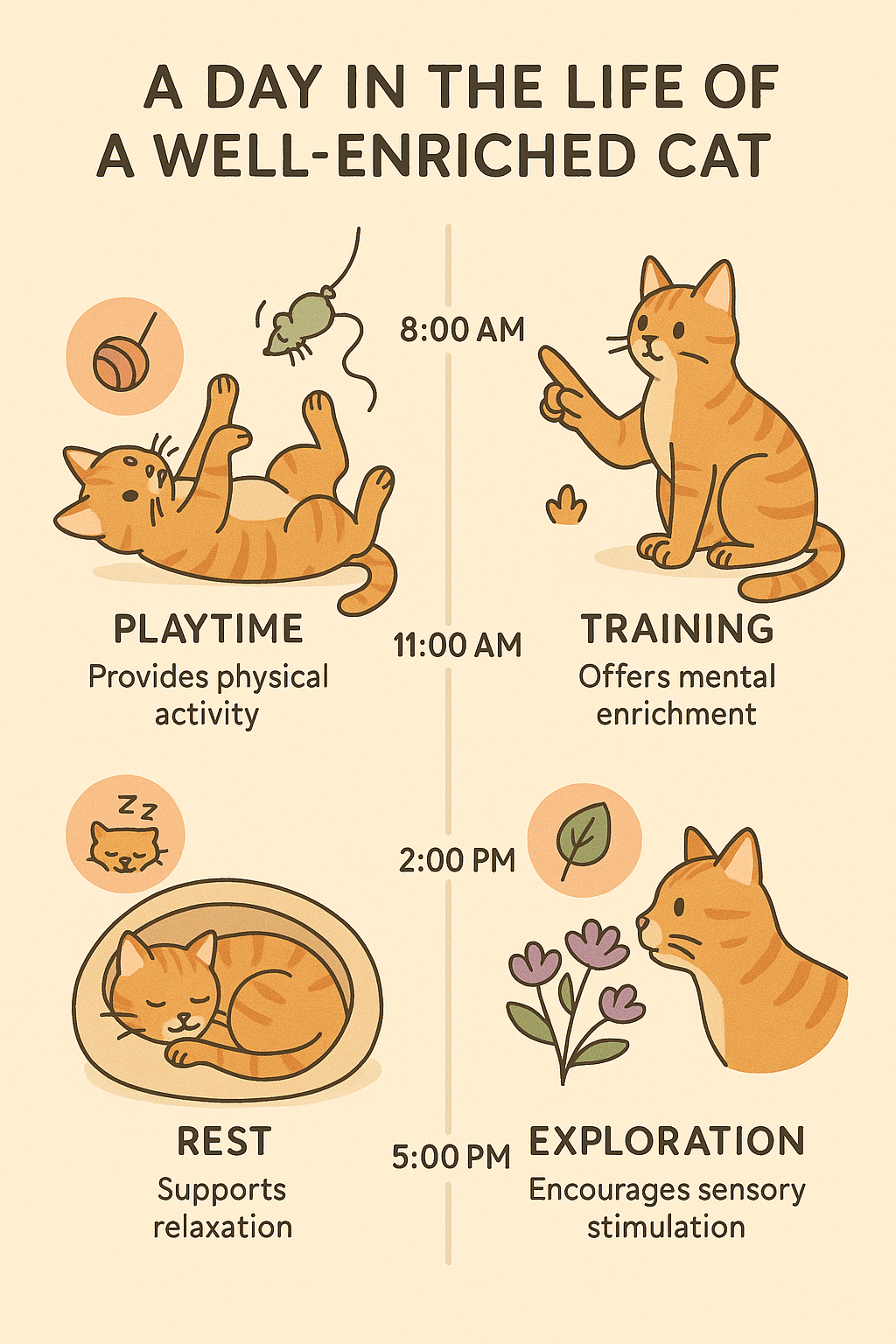 Illustrated timeline depicting daily cat enrichment ideas for balanced activity and rest