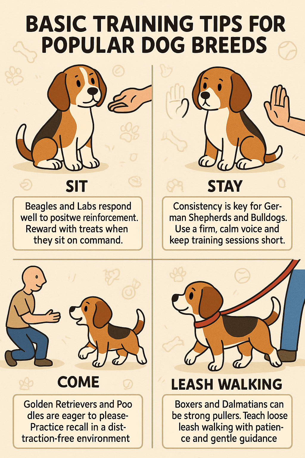 Illustrated training guide with steps for most popular dog breeds for pet owners