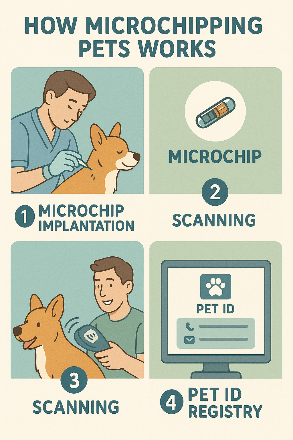 Illustration explaining the process of microchipping pets from insertion to digital ID registration