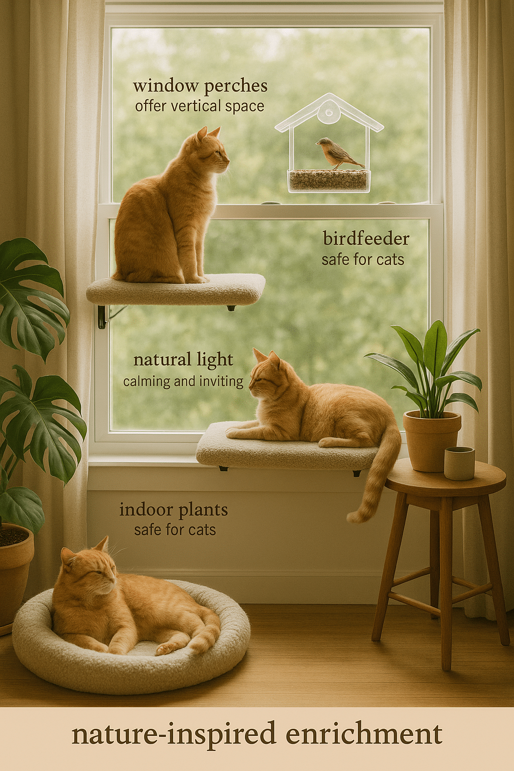 Indoor nature inspired cat enrichment ideas showing window perches and safe plants