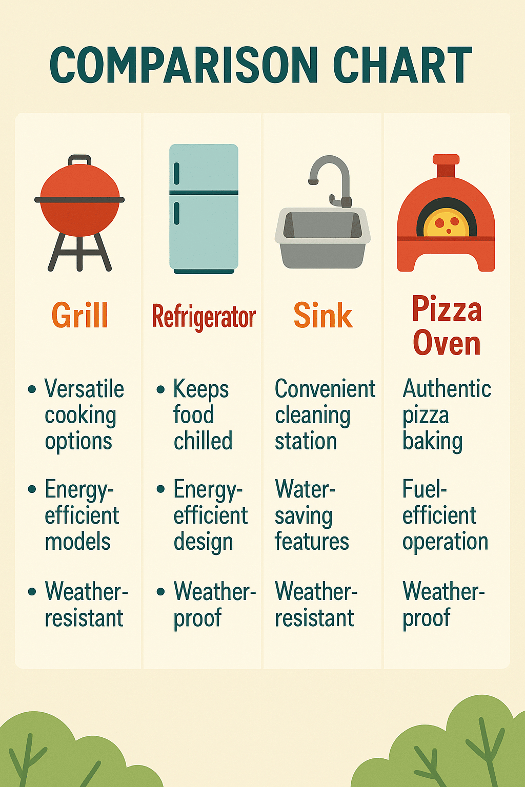 Infographic chart comparing essential outdoor kitchen appliances with features and weatherproof bene