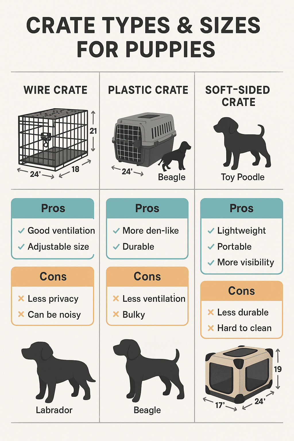 Infographic comparing crate types and sizes for crate training a puppy by breed