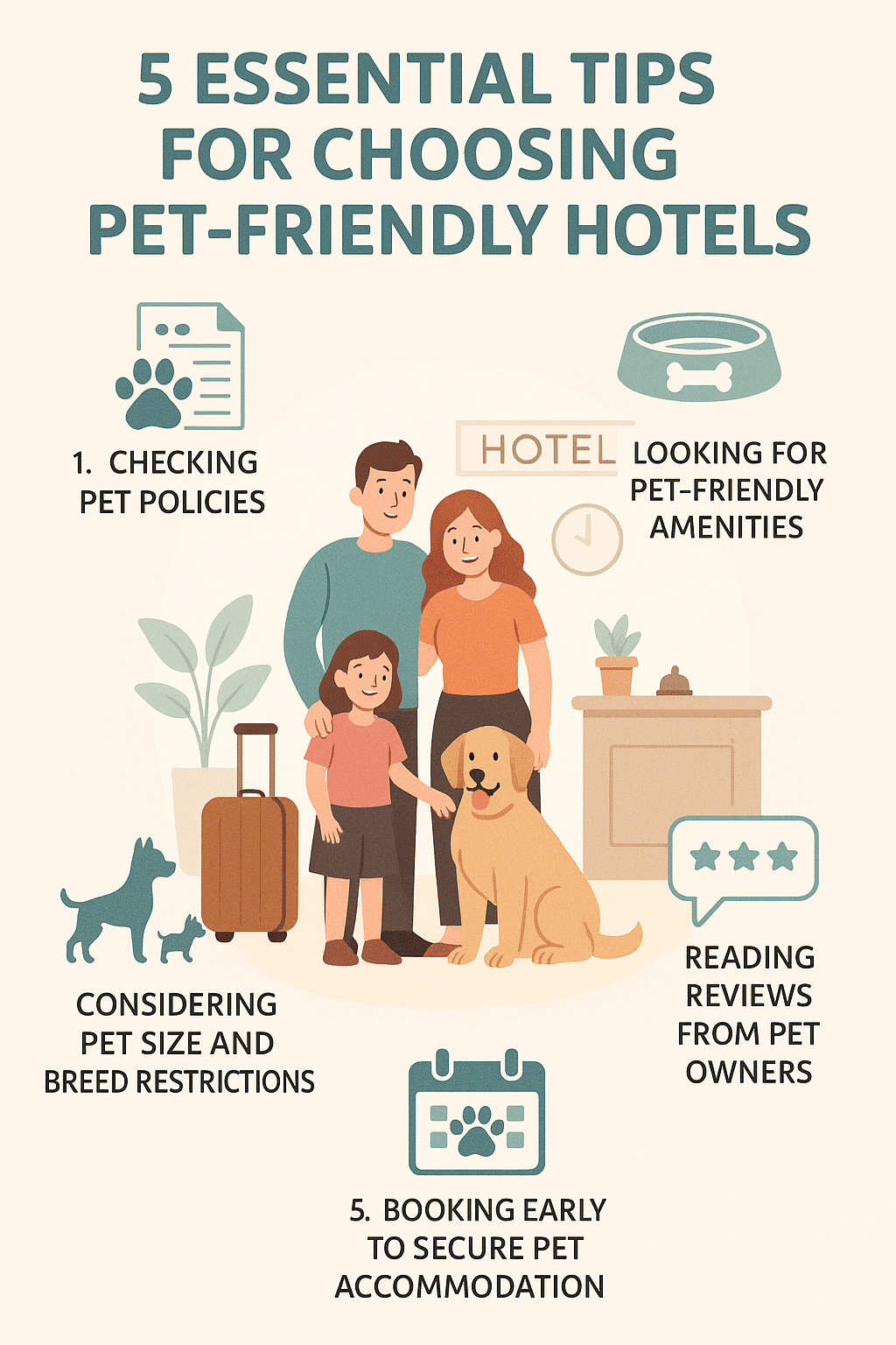 Infographic detailing tips for finding pet friendly hotels with key amenities for pet owners