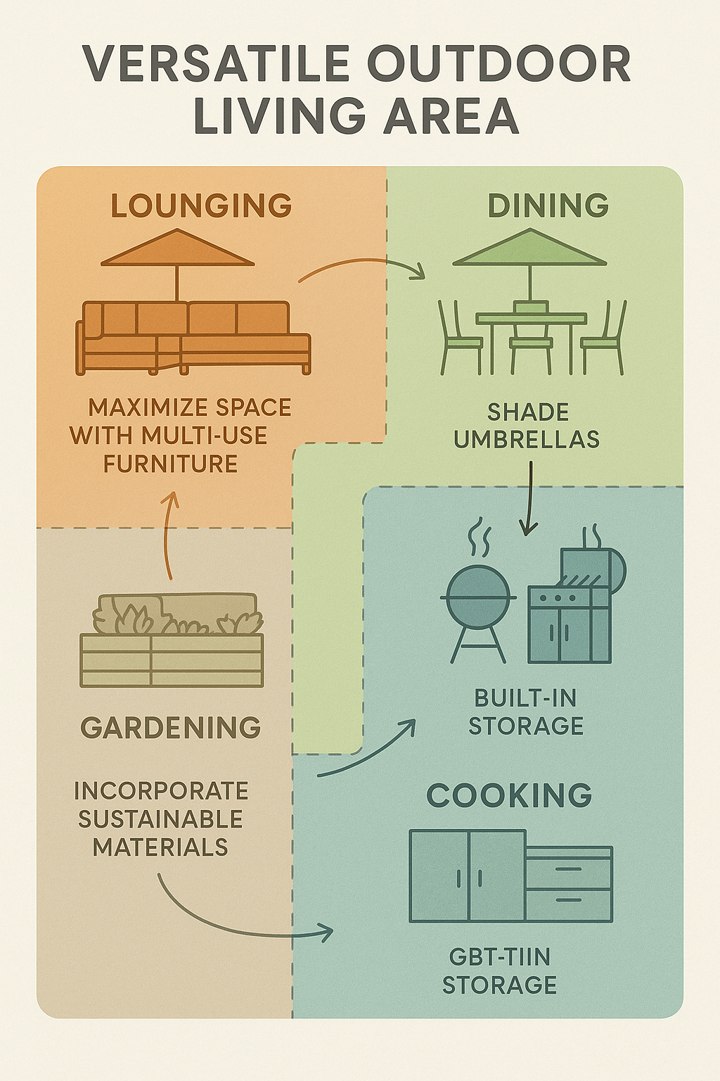 Infographic diagram showing zoning and multifunctional outdoor living ideas for homes