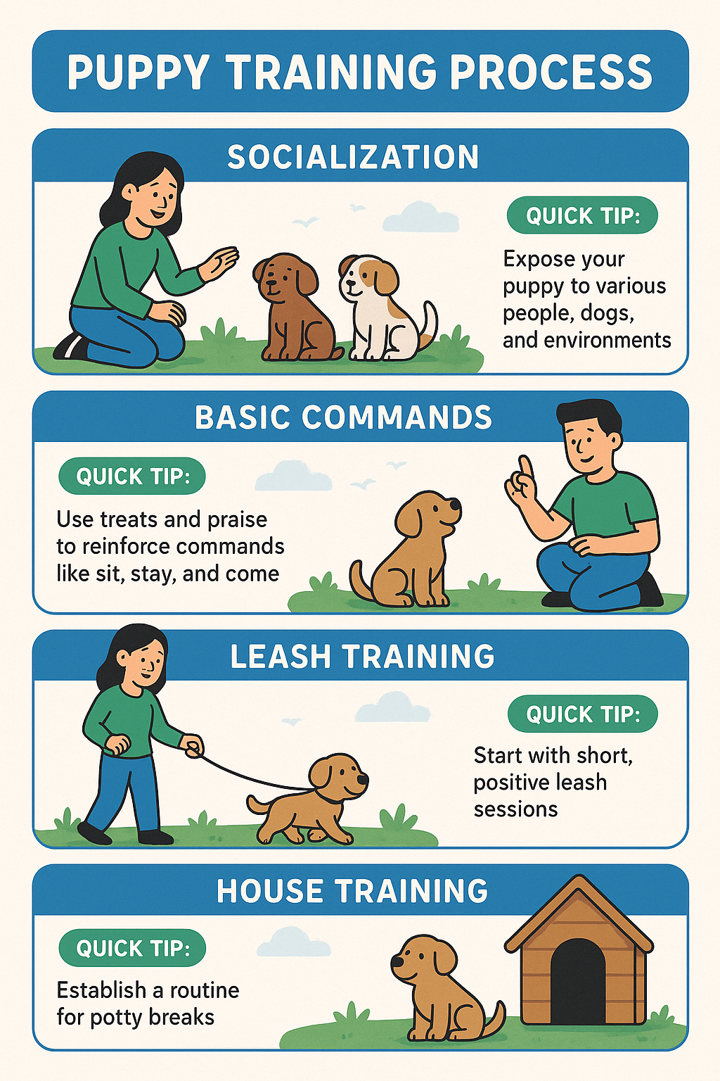 Infographic explaining best dog trainers near me puppy training steps and tips for pet owners