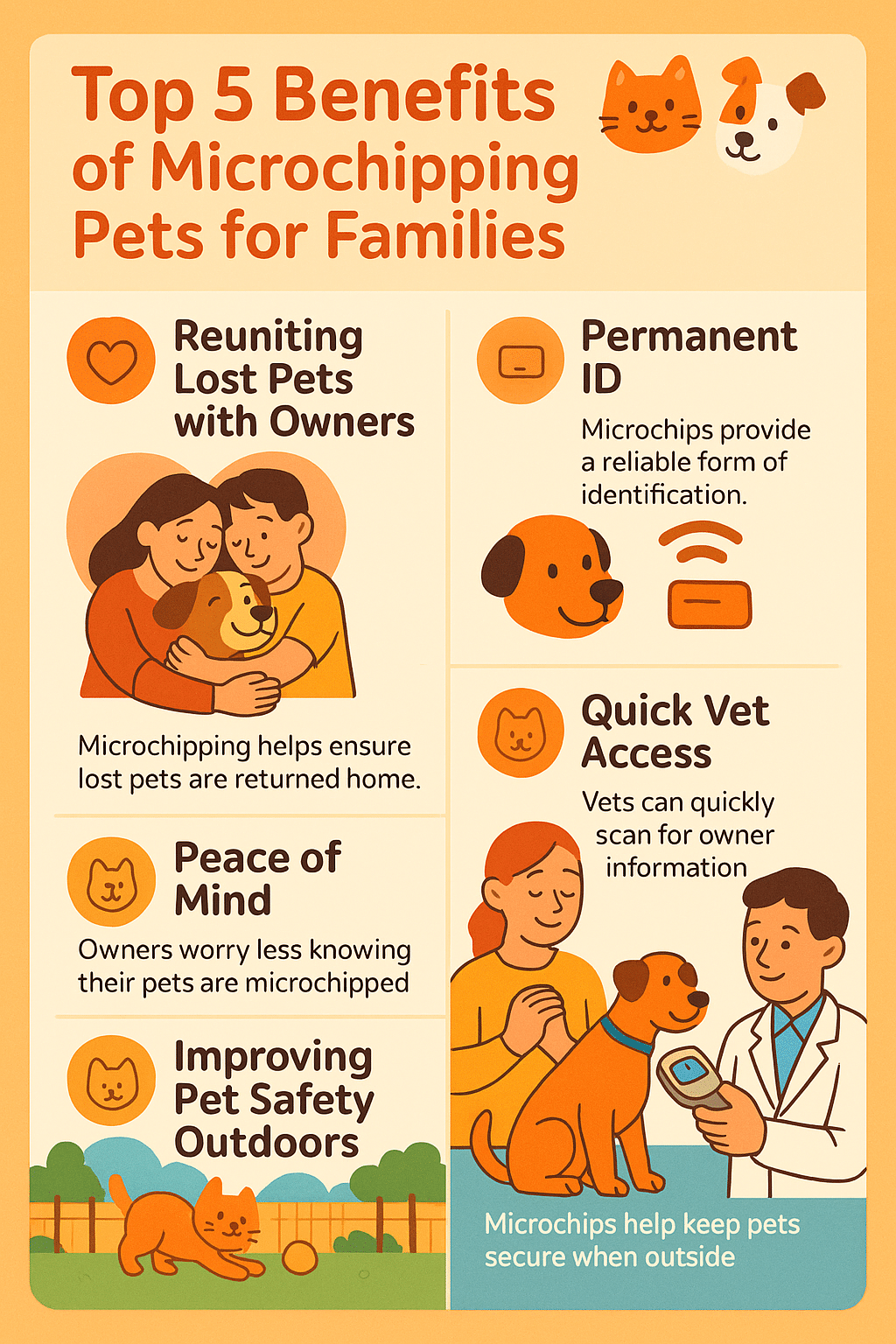 Infographic highlighting 5 essential benefits of microchipping pets for families and owners