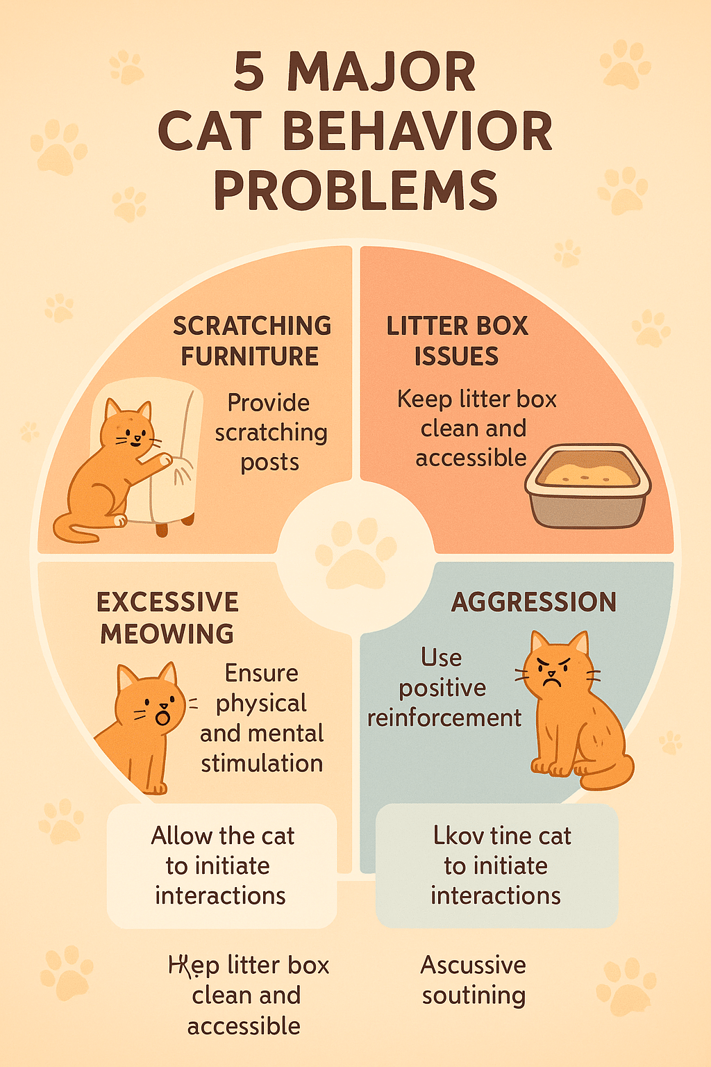 Infographic illustrating 5 major cat behavior problems with solutions for pet owners and families