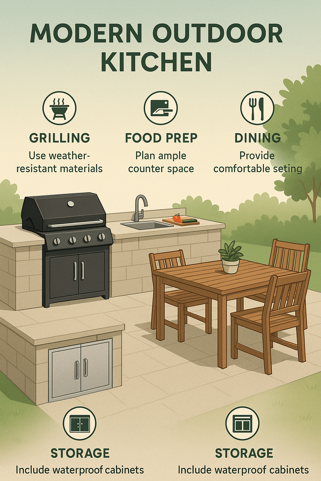 Infographic illustrating a modern outdoor kitchen design with labeled grilling prep dining and st