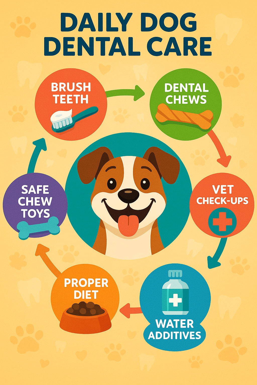 Infographic illustrating daily dog dental care steps for healthy teeth and gums