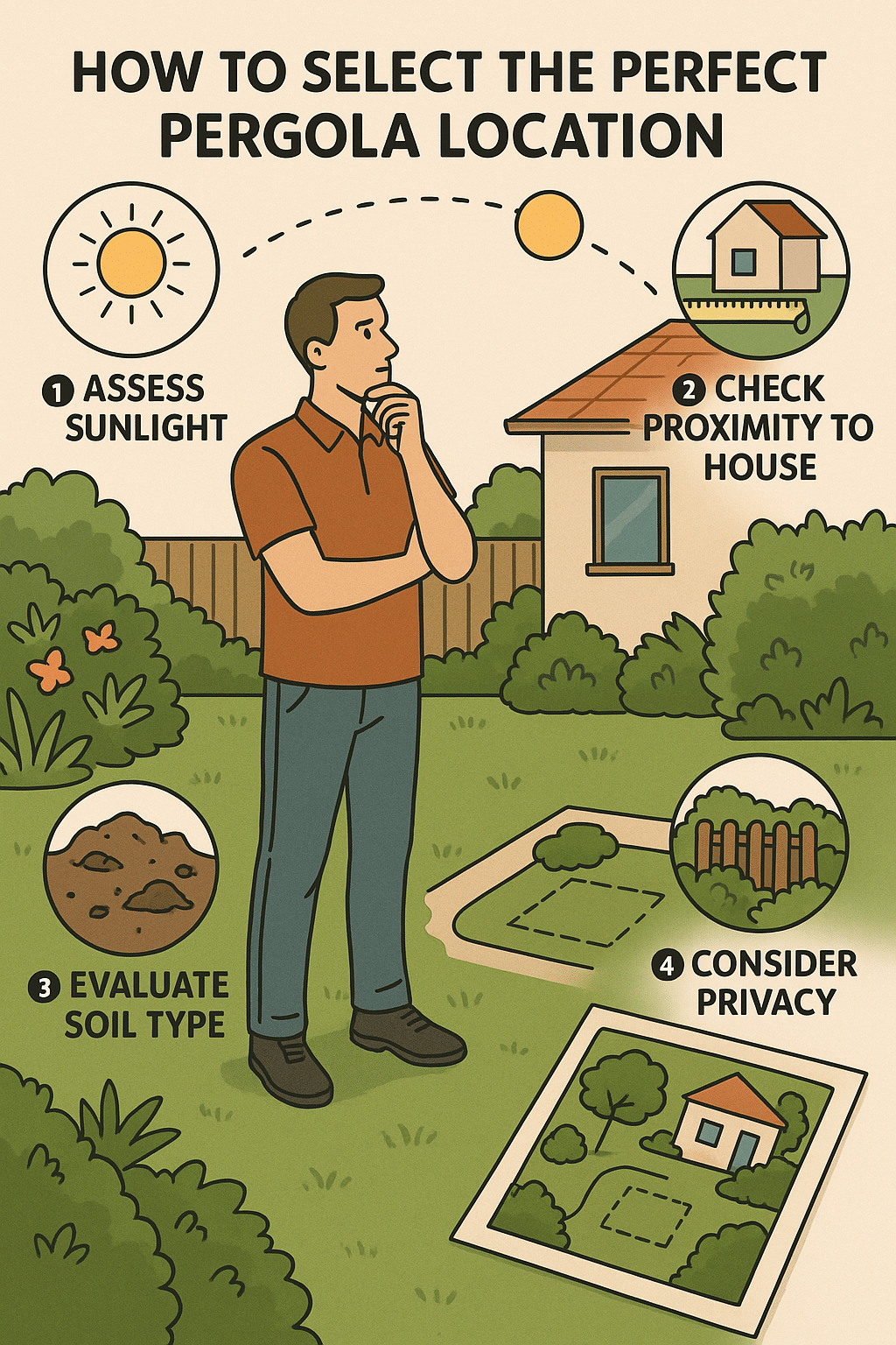 Infographic illustrating site selection tips for backyard pergola ideas and optimal placement
