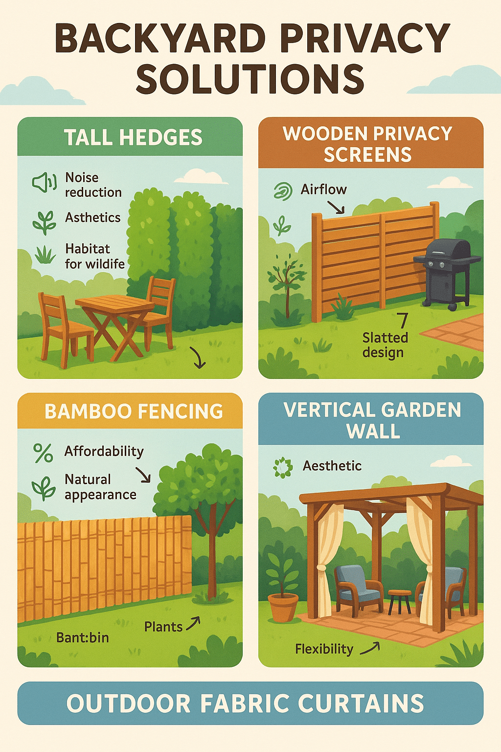 Infographic showcasing five innovative backyard privacy ideas with clear practical