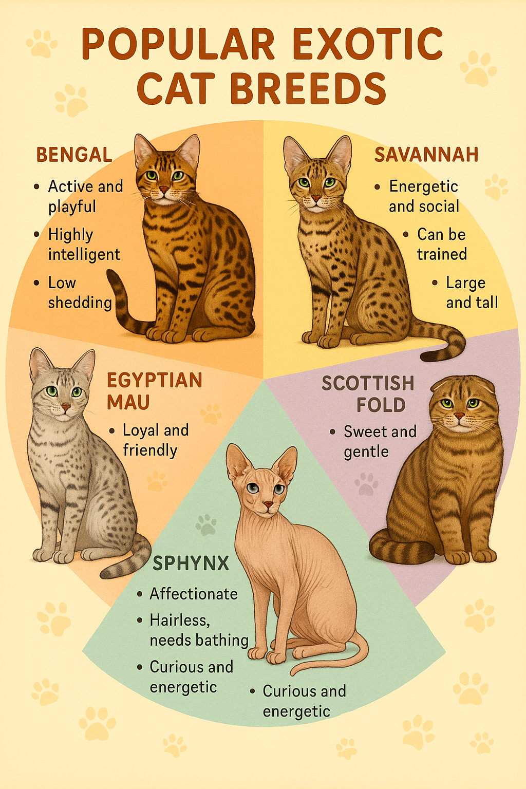 Infographic showcasing five popular exotic cat breeds with traits for pet owners and families