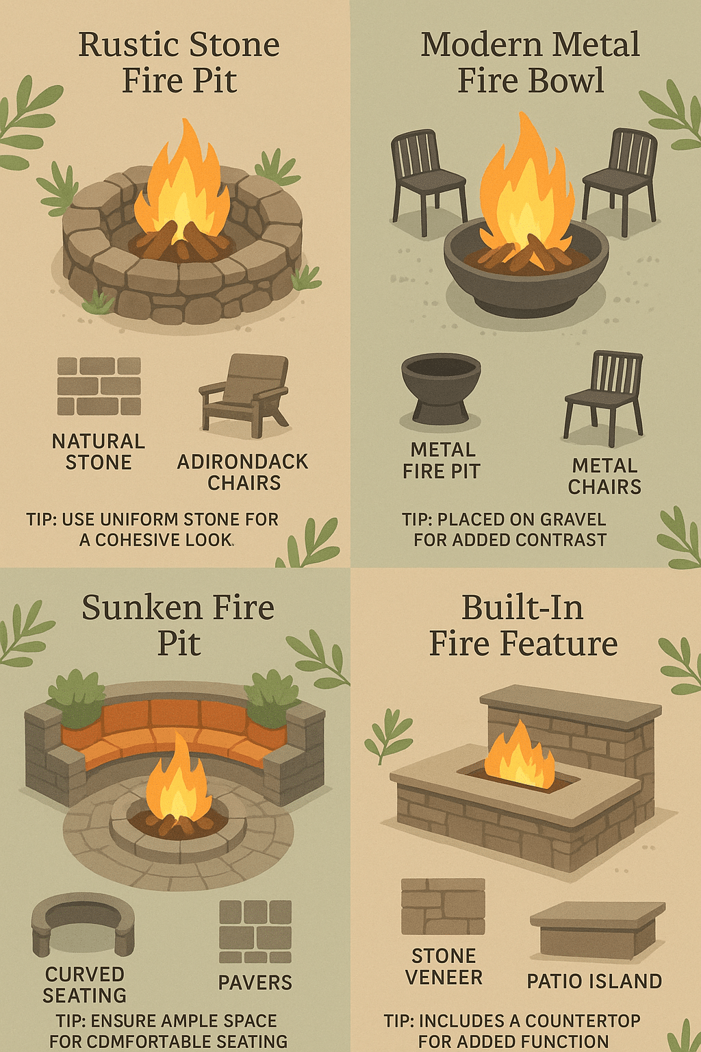 Infographic showcasing four distinct fire pit ideas with design tips for outdoor living spaces