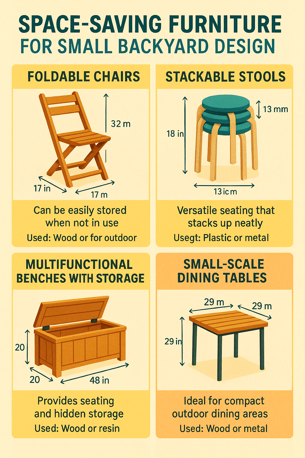 Infographic showcasing space saving furniture ideal for small backyard design with dimensions and us