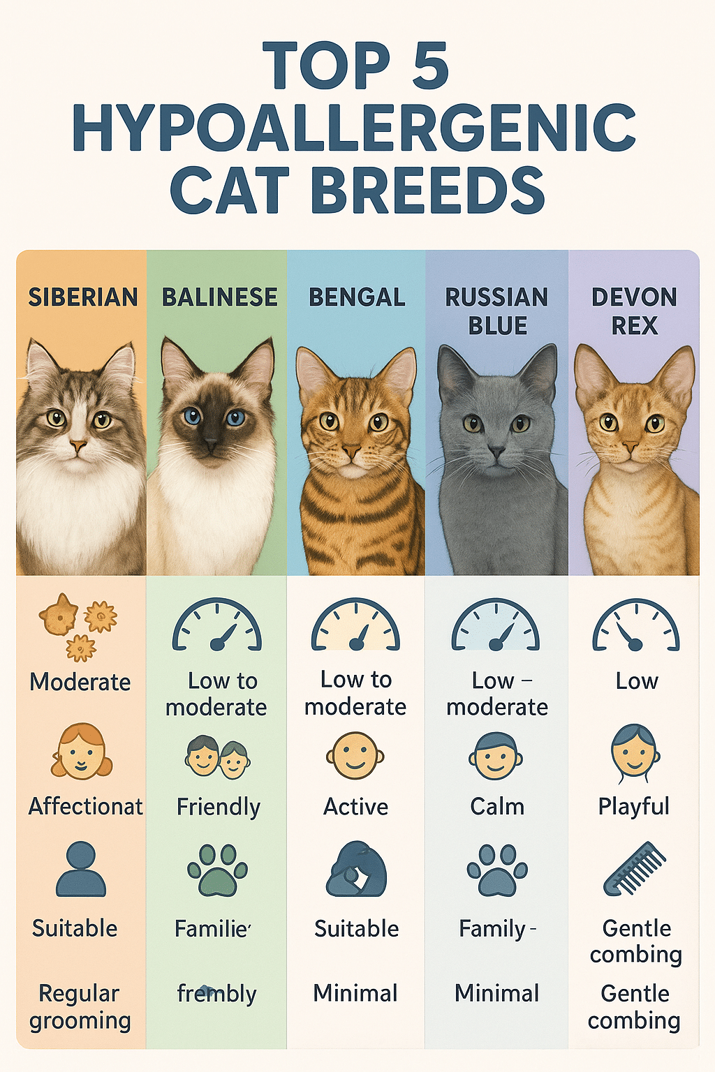 Infographic showing 5 best hypoallergenic cats with traits for pet owners and families