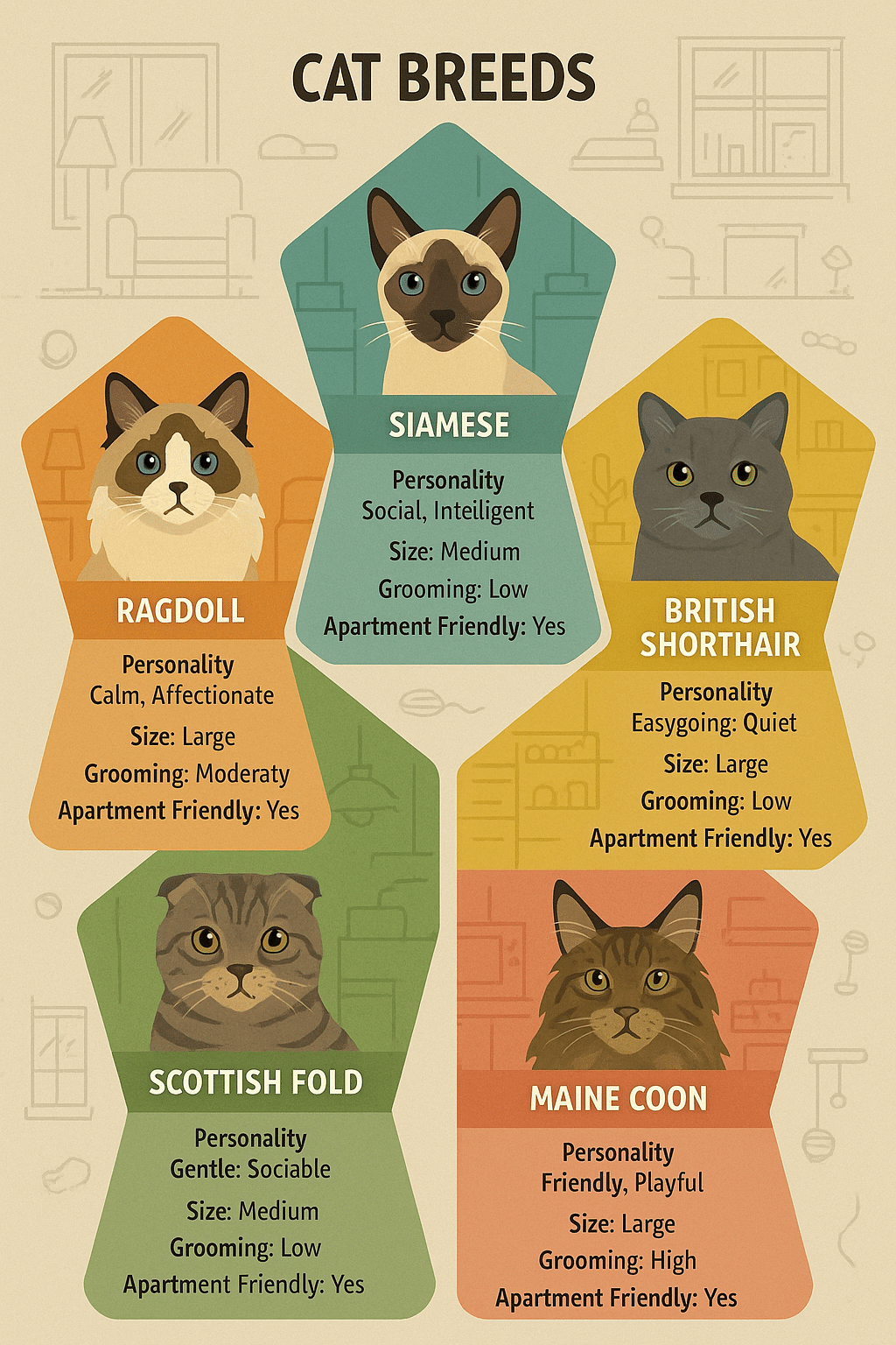 Infographic showing best cats for apartments with breed traits and apartment friendly features