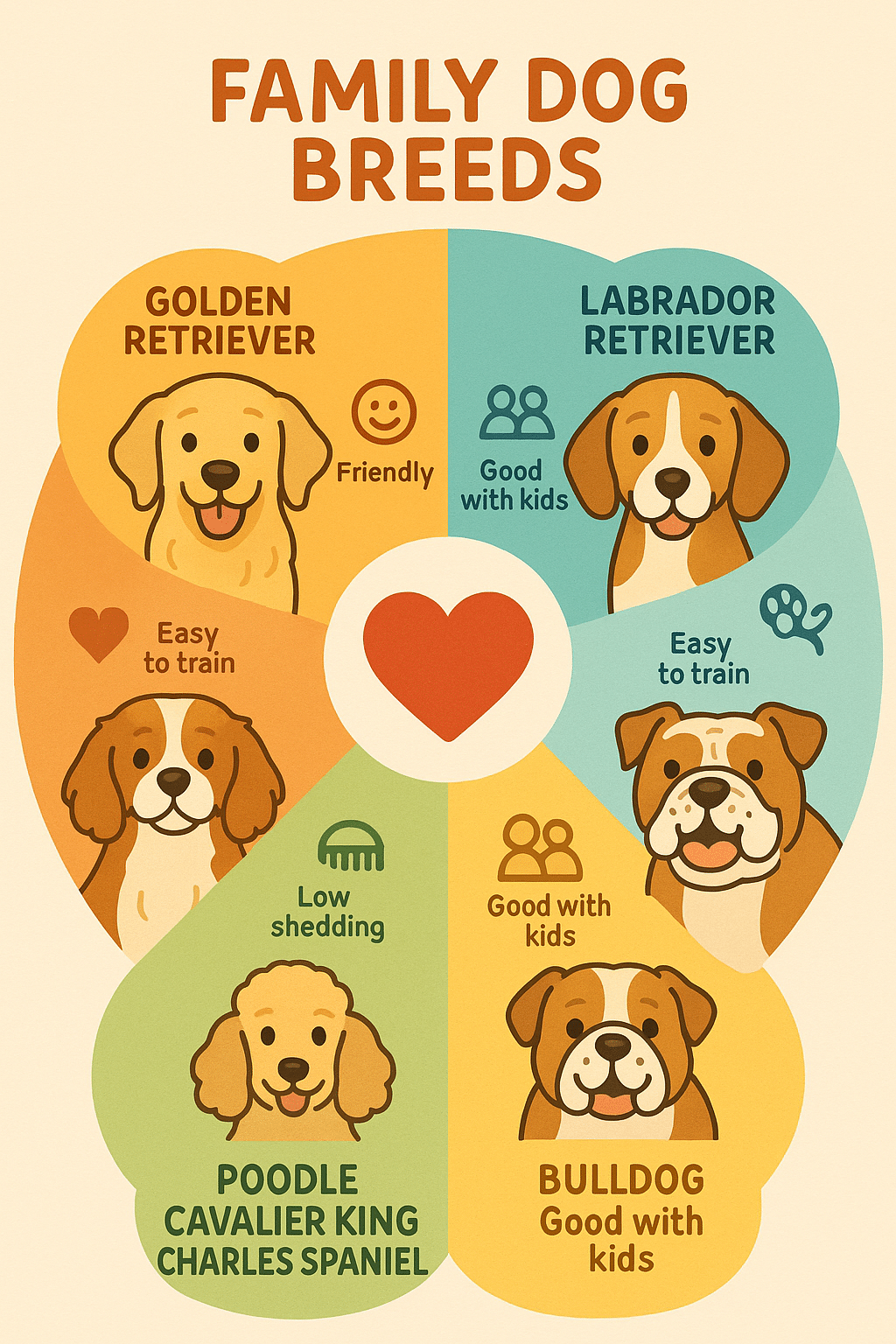 Infographic showing best family dogs with traits like friendly and easy to train