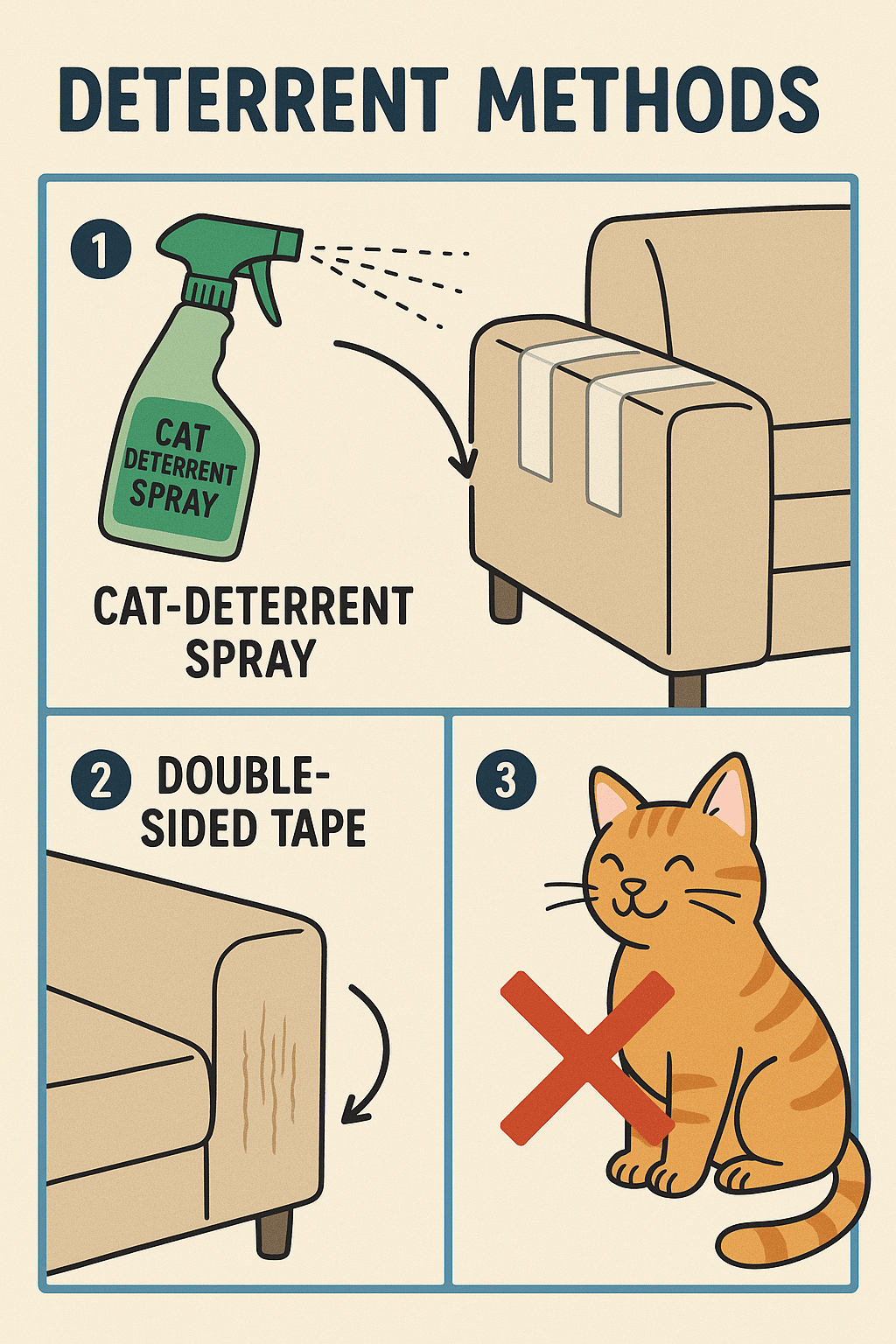 Infographic showing effective deterrents to stop cat scratching furniture