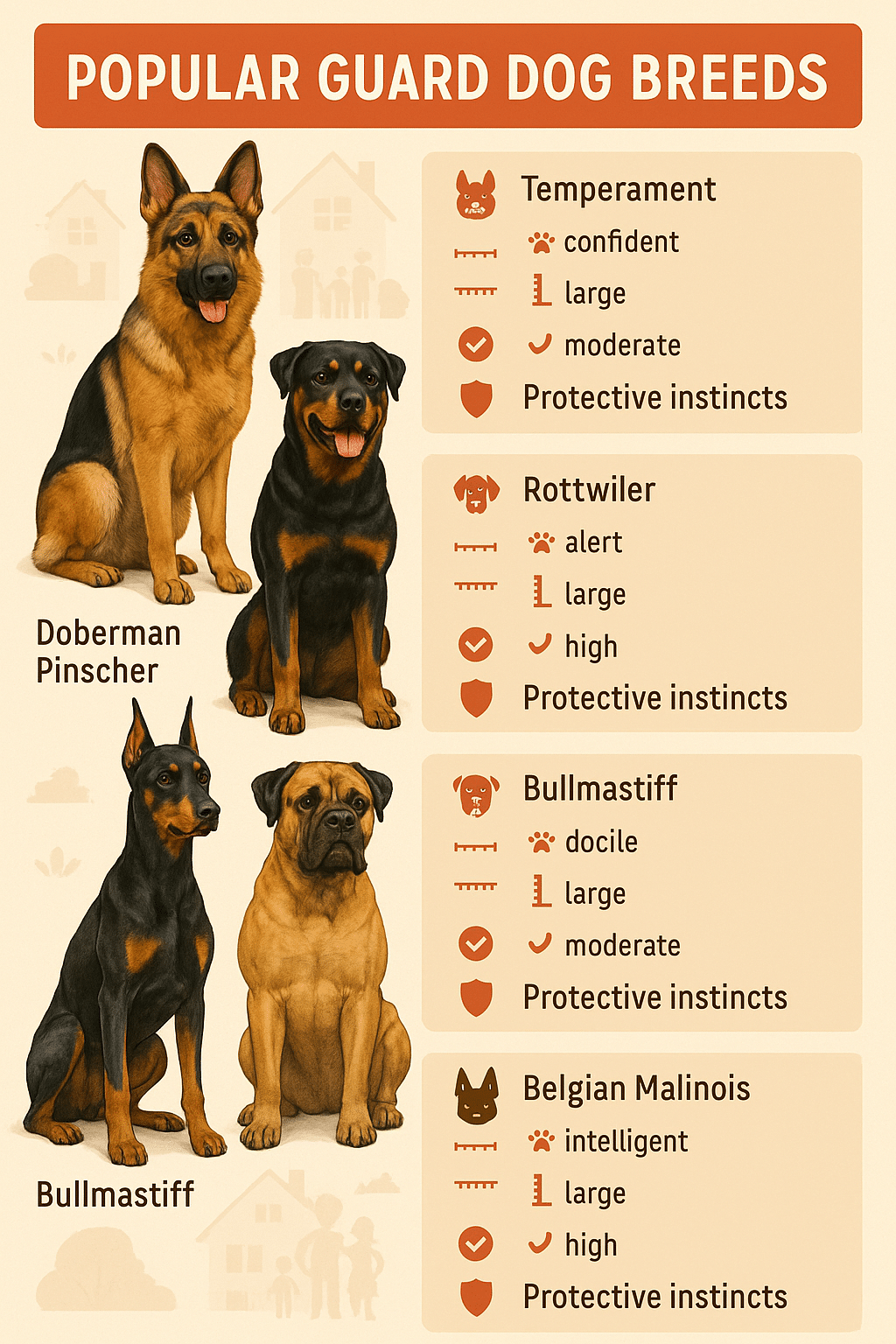 Infographic showing five top guard dog breeds with traits ideal for families and home security
