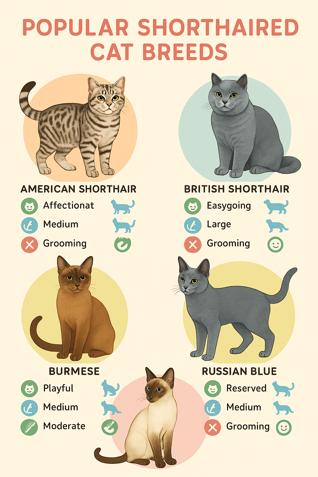 Infographic showing key traits of top short haired cat breeds for families and pet owners