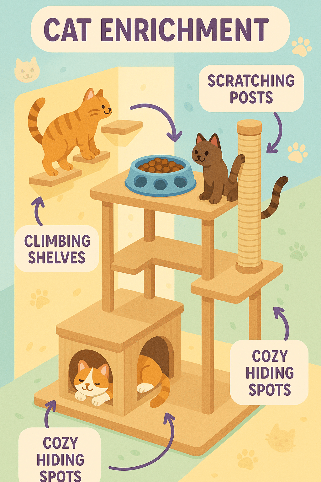 Infographic showing multi level cat play area with key cat enrichment ideas for pet owners and famil