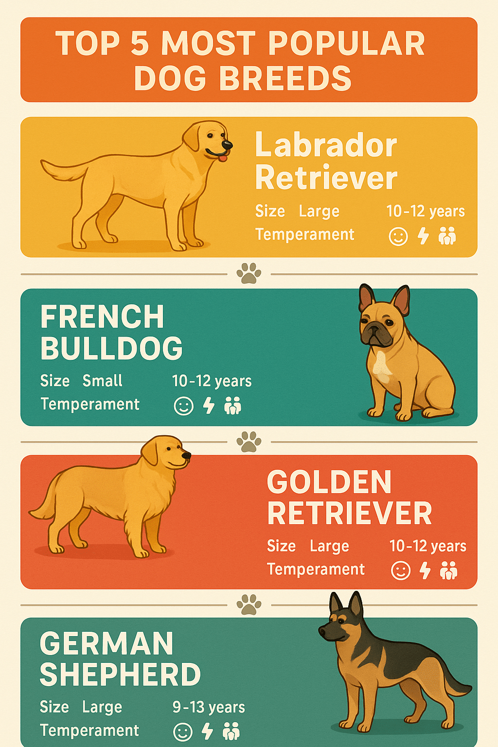 Infographic showing the most popular dog breeds with size and temperament icons for pet owners