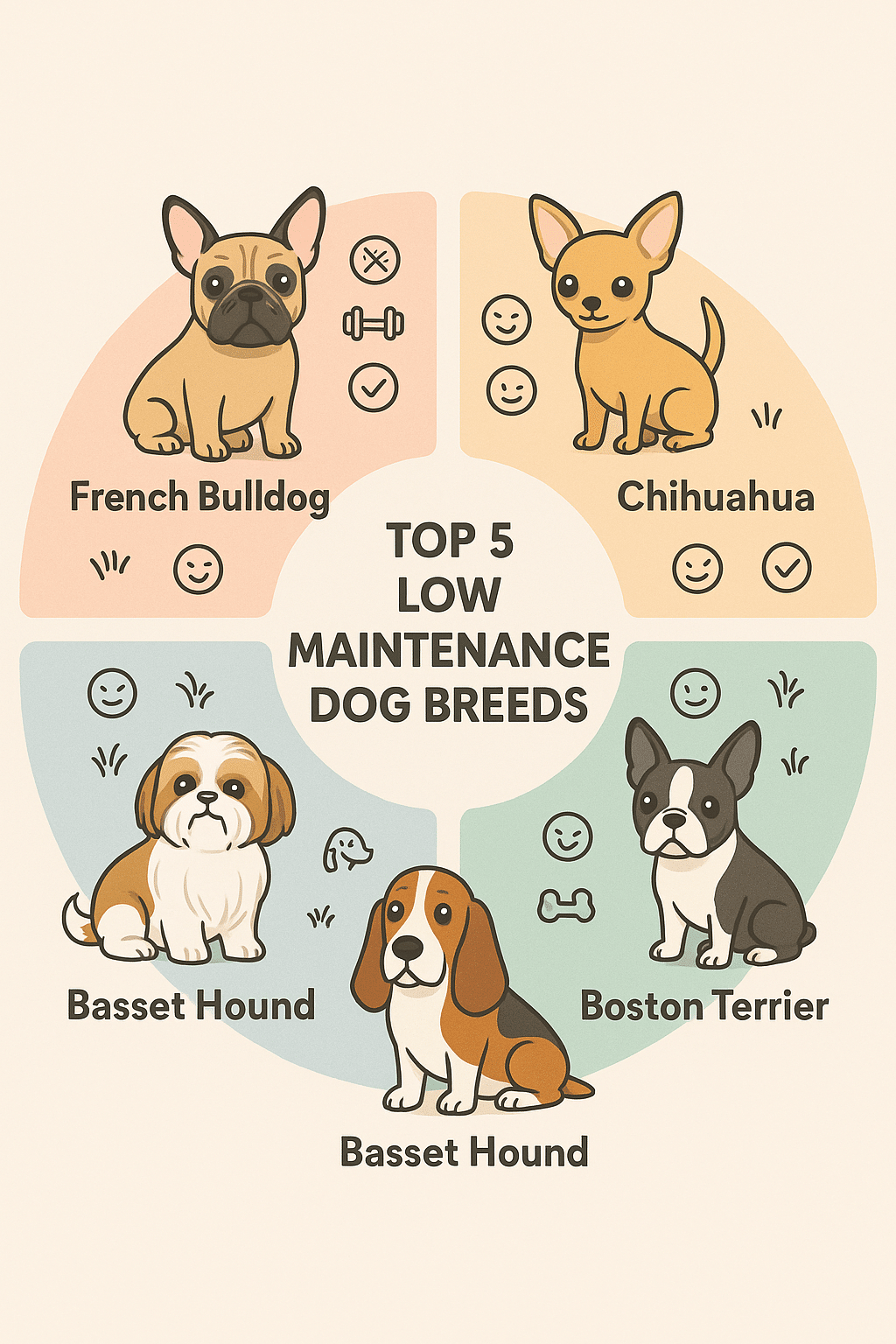Infographic showing top 5 low maintenance dog breeds with traits for easy pet care