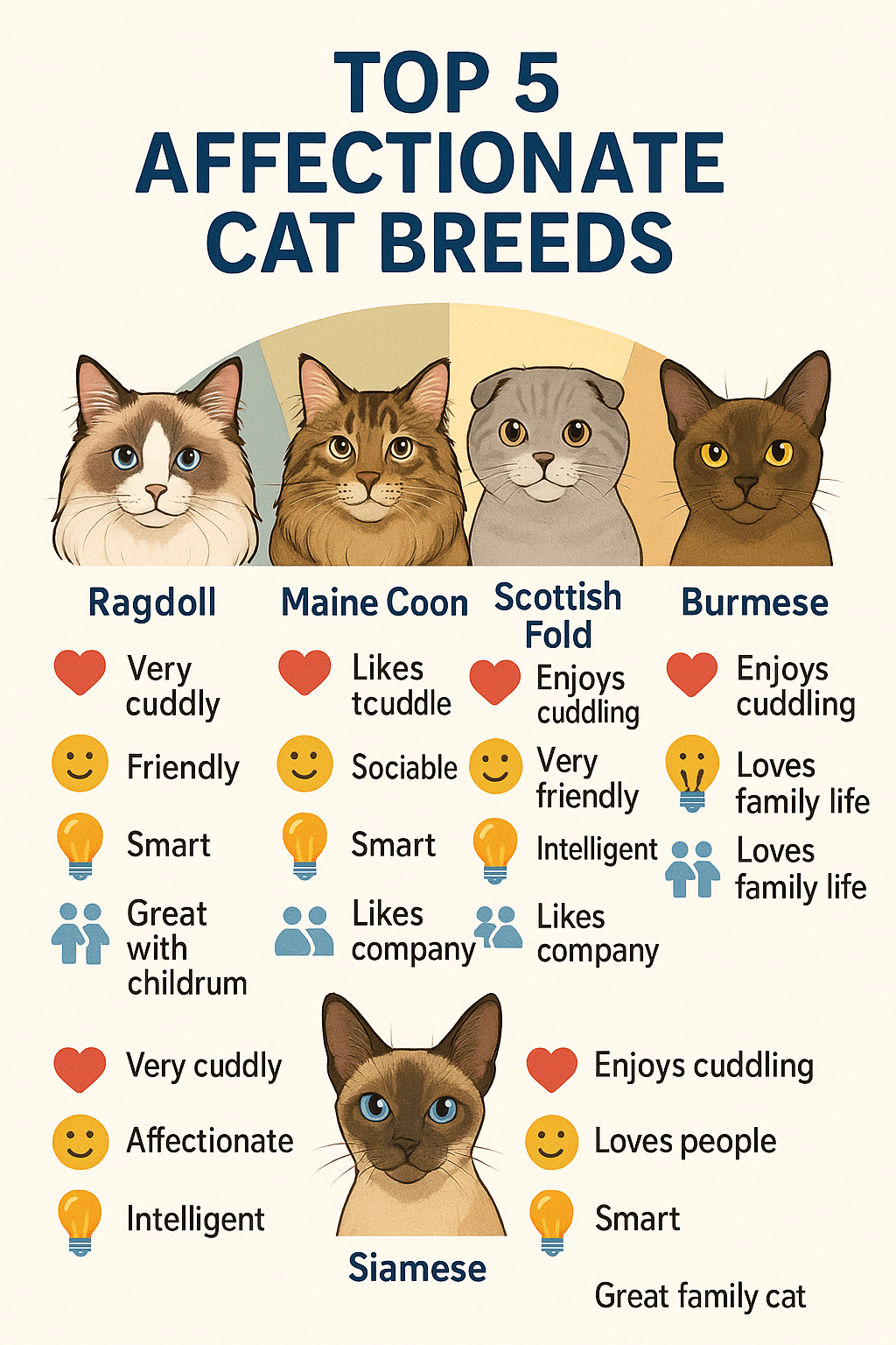 Infographic showing top affectionate cat breeds with traits for pet owners and families